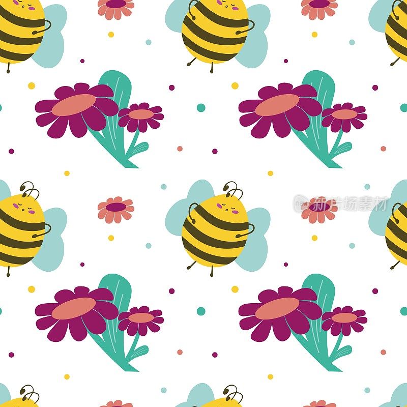 无缝图案与可爱的蜜蜂和花朵。世界蜜蜂日。用于纺织品、帆布、背景纸或包装纸。平面矢量图