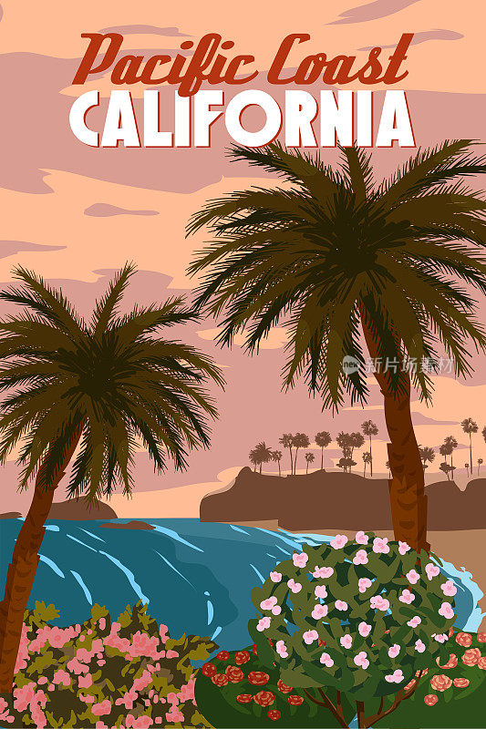 加州太平洋海岸复古旅游海报，拉古纳海滩