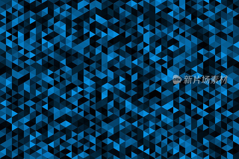 背景制成的蓝色三角形形状，闪光点。抽象蓝色技术水平发光背景。渐变蓝色数字发光像素三角形纹理模式。