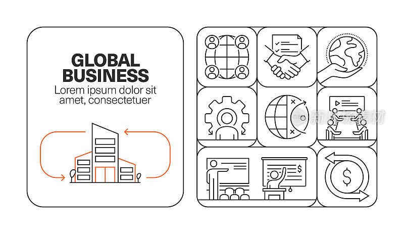 全球商业横幅线图标集设计