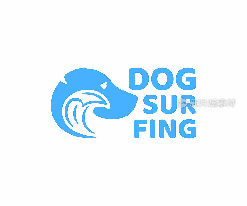 狗冲浪上的波浪图形设计。狗冲浪管浪在海洋标志设计。狗和溅水矢量设计