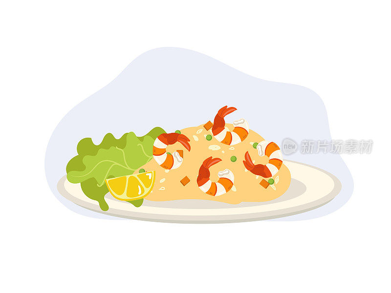 海鲜炒饭。虾炒饭。盘子里的炒饭。亚洲食品。平面矢量卡通插图