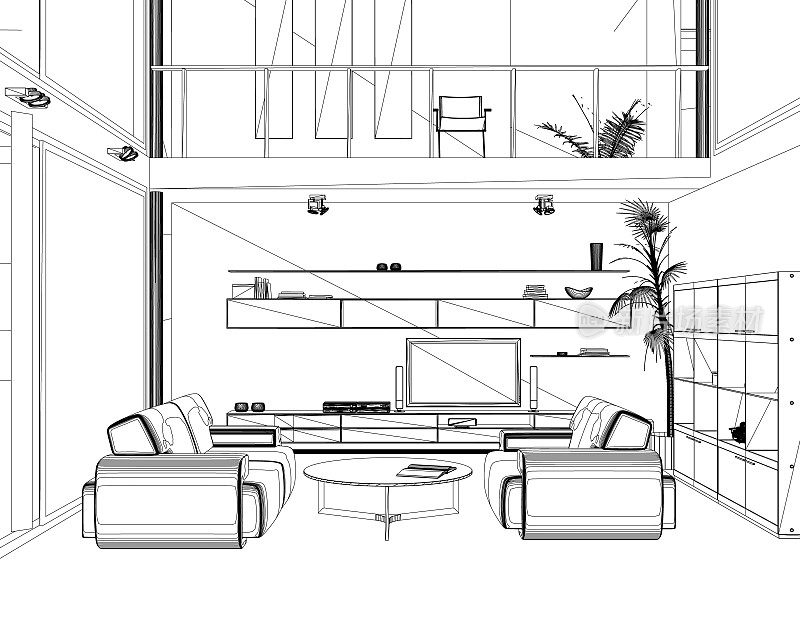 室内设计与现代客厅黑线在白色背景，矢量插图。客厅内部轮廓。线条式家具:沙发、书架、电视架、花盆。看前面