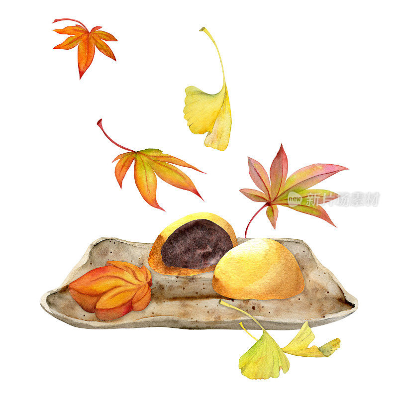 手绘水彩画的日本传统糖果。陶瓷菜，秋季内里，麻糬，大福。孤立在白色背景上。设计邀请，餐厅菜单，贺卡，印刷，纺织品