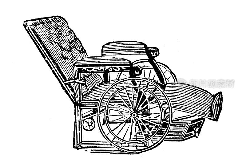 来自英国杂志的古董图片:轮椅和残疾人车厢和椅子