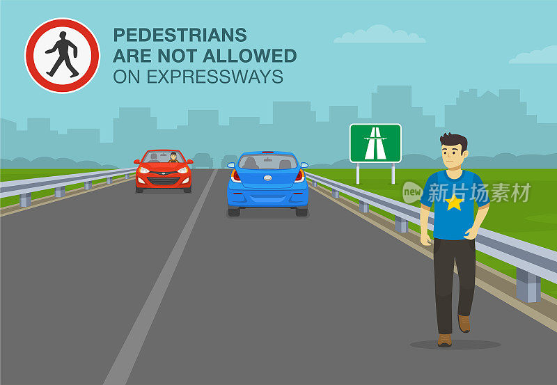 高速公路、高速公路、高速公路的交通规则。男性不顾道路或交通规则，在高速公路上行走。高速公路上禁止行人通行。