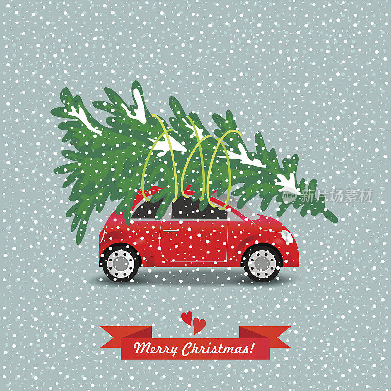 红色的汽车载着圣诞树。矢量插图。