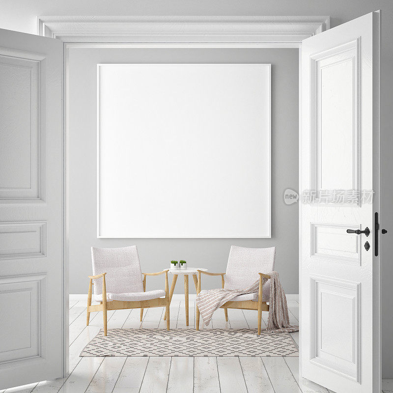 模拟海报框架在时髦的室内背景，斯堪的纳维亚风格，3D渲染