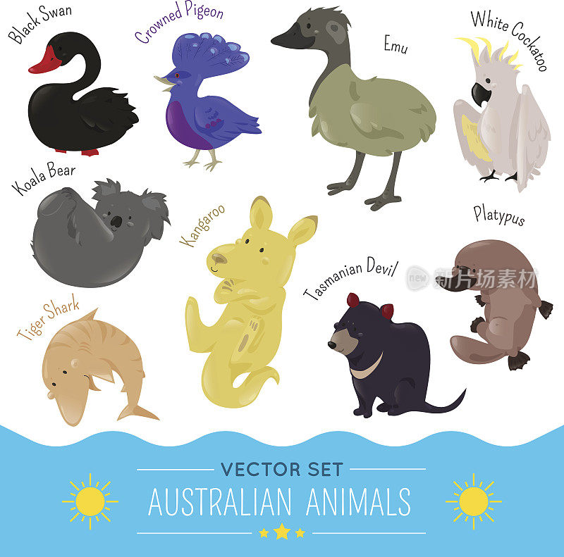 一套可爱的卡通澳大利亚动物图标