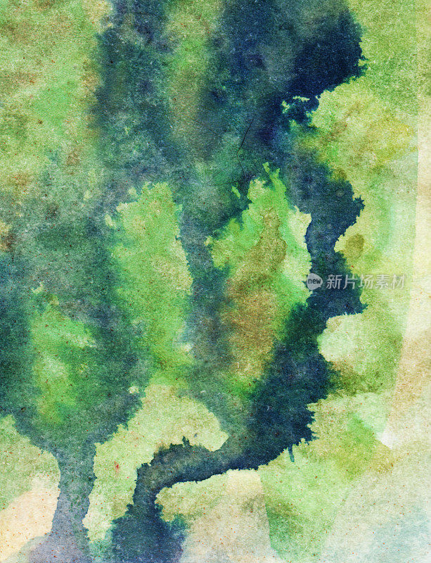 蓝色和绿色纹理水彩画