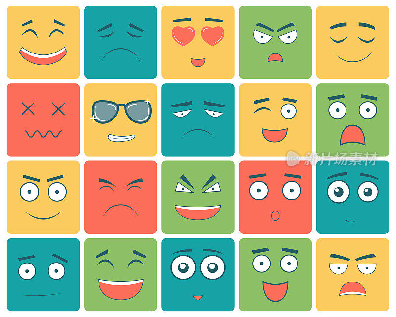 表情包设置，表情包隔离在白色背景。表情符号用于网站，聊天，短信。向量