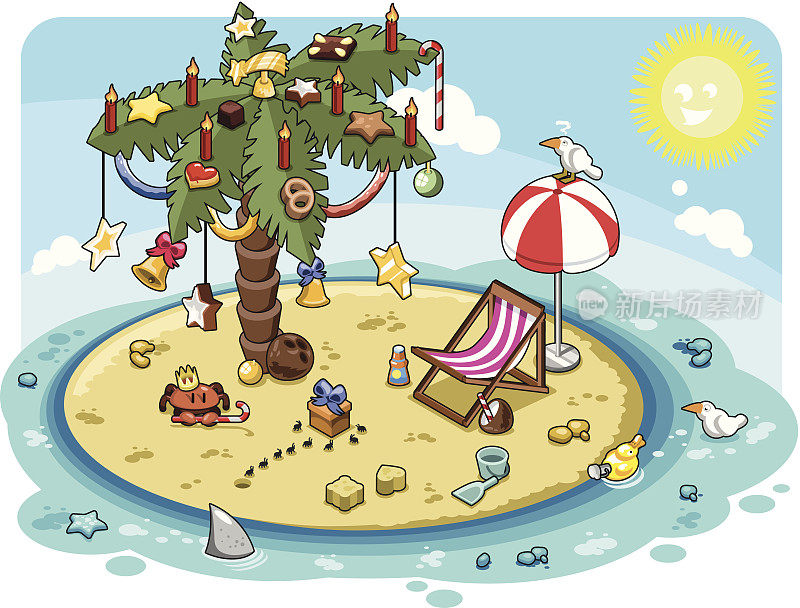 在阳光明媚的偏远岛上，一棵装饰着圣诞装饰的棕榈树
