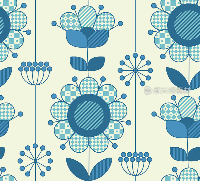 矢量无缝花图案为传统民间风格的表面设计。几何60年代的灵感在蓝色陶器颜色包装纸，织物，布的花卉插图。
