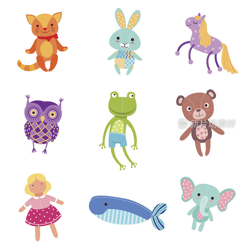 一套可爱的彩色软毛绒动物玩具矢量插图