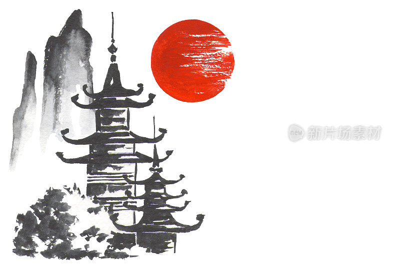 日本传统绘画Sumi-e艺术山寺太阳