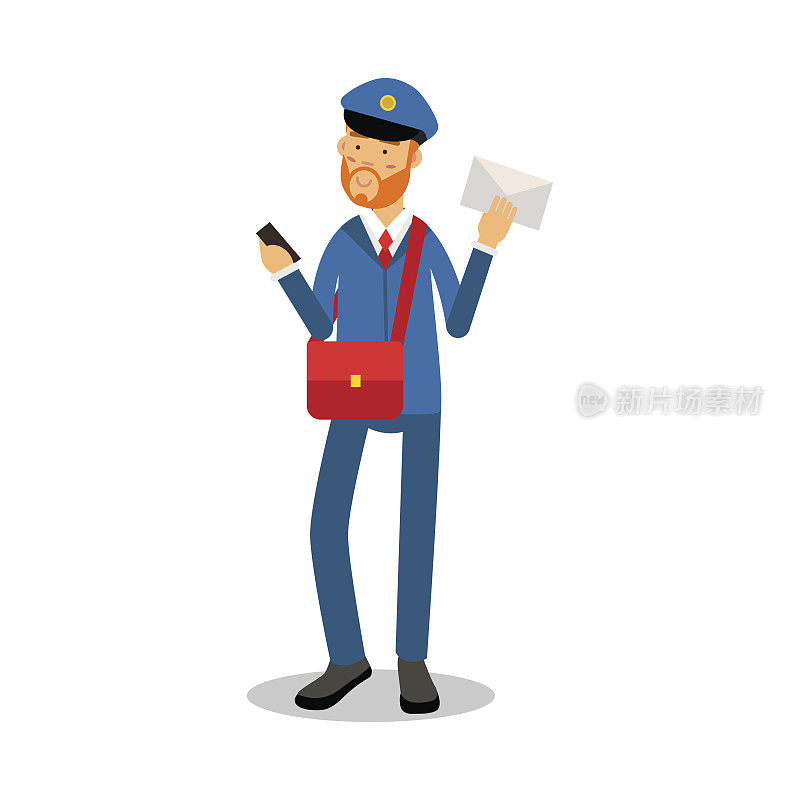 有红胡子的邮递员穿着蓝色制服送信的卡通人物，快递邮件矢量插画