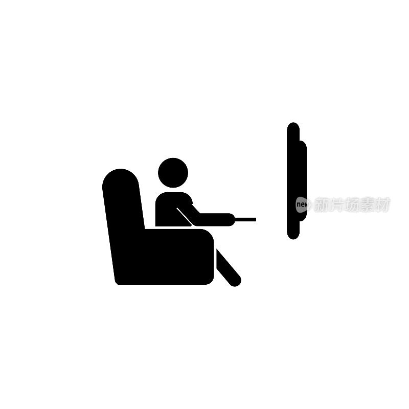 这个男人正在看电视。一个男人坐在沙发上看电视节目图标。媒体元素图标。优质的平面设计。标志，大纲符号收集图标网站