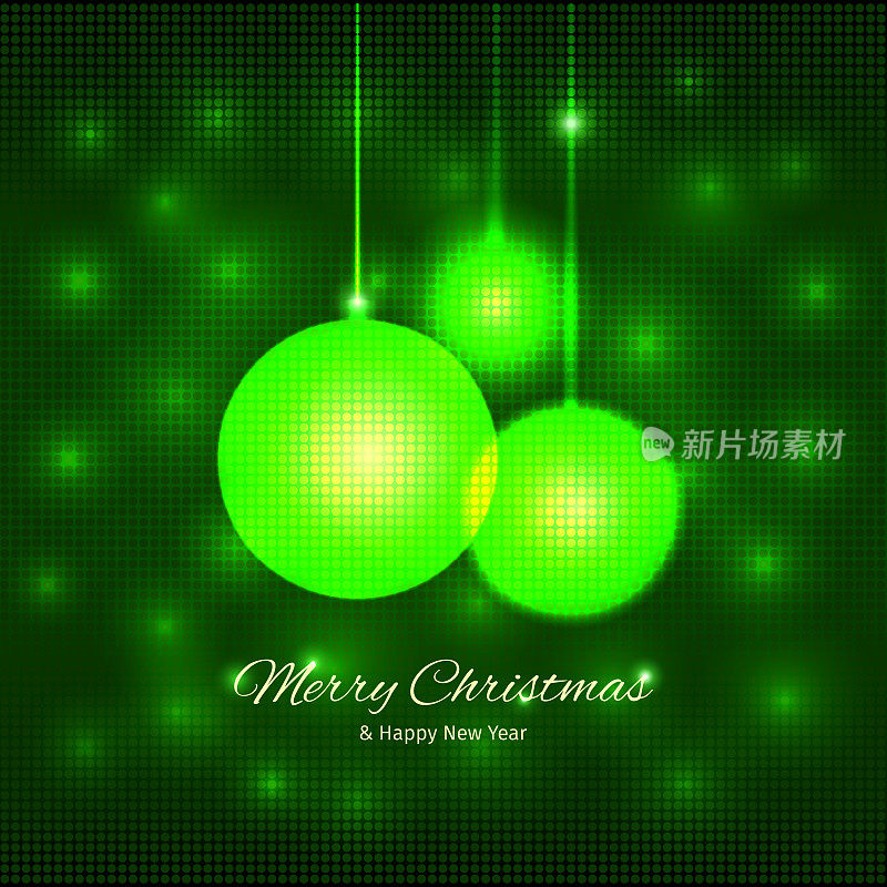 圣诞和新年贺卡与散焦圣诞球，在马赛克绿色的背景，井然有序的层