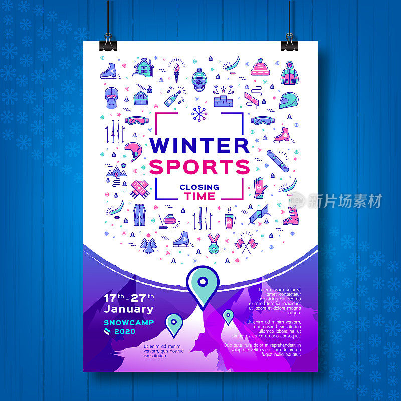冬季运动海报，比赛结束时间，单板滑雪传单或雪地露营卡。设计模拟海报，传单或卡片上的创意木背景。A4大小，线条艺术图标，矢量插图