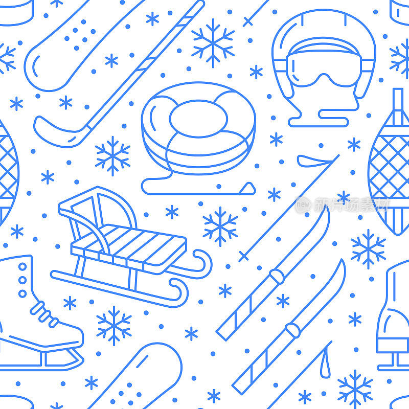 冬季运动蓝色无缝图案，滑雪胜地设备租赁。矢量平面线图标-溜冰鞋，曲棍球棒，雪橇，滑雪板，雪管。寒冷季节户外活动，雪花纷飞