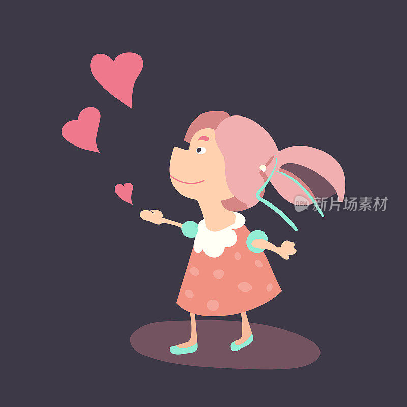 粉红色头发的卡通小女孩微笑着，向空中发送爱心