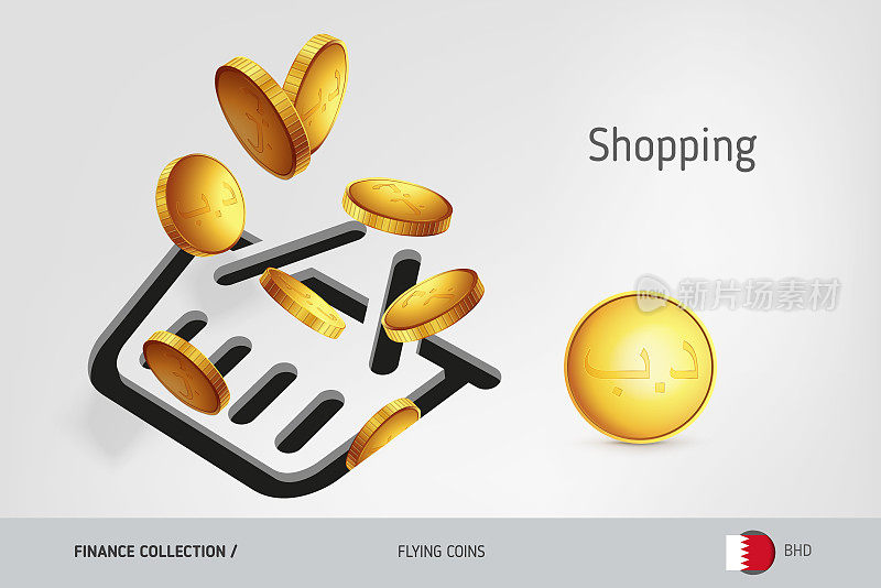 购物篮图标与飞行巴林第纳尔硬币，金融概念。矢量插图印刷，网站，网页设计，移动应用程序，信息图表。