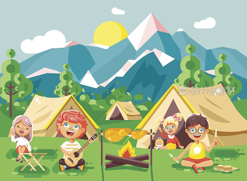 儿童男孩与女童子军弹着吉他唱歌，在大自然中露营，徒步帐篷和背包，冒险公园户外背景的山平风格