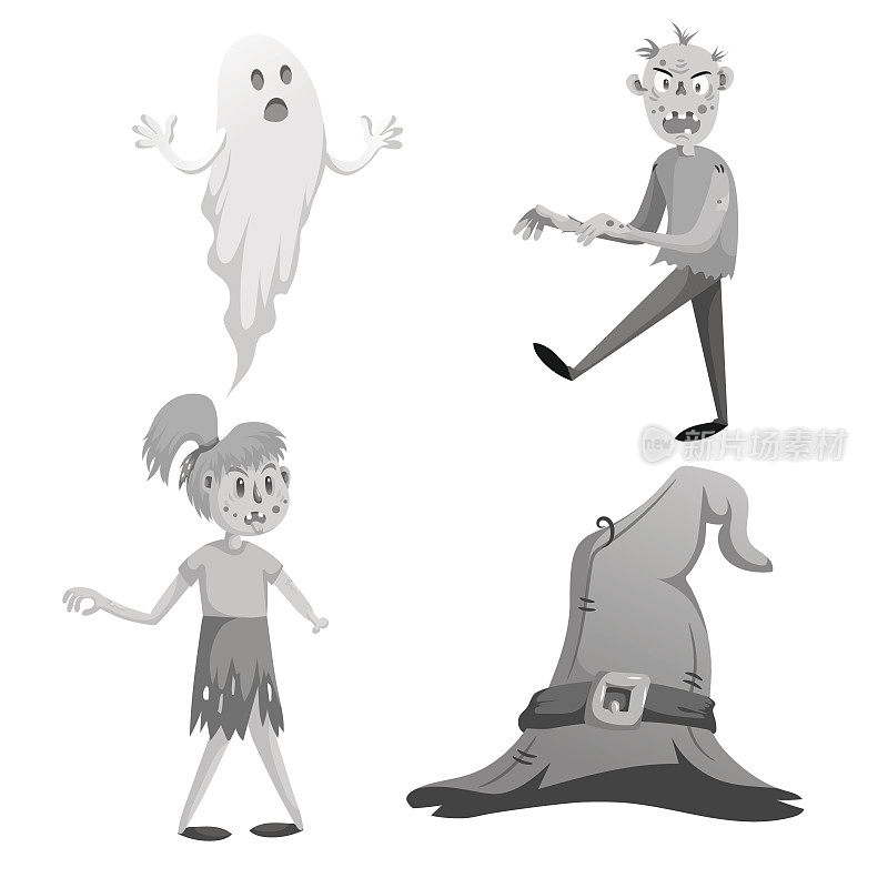 卡通单色万圣节标志集。有趣的幽灵，行走的僵尸，没有手的僵尸女孩和带着皮带的女巫帽。