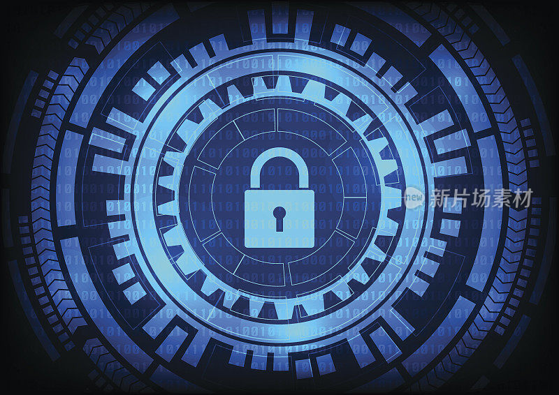 恶意勒索病毒加密文件与键盘齿轮二进制位蓝色背景。矢量图解网络犯罪与网络安全概念。