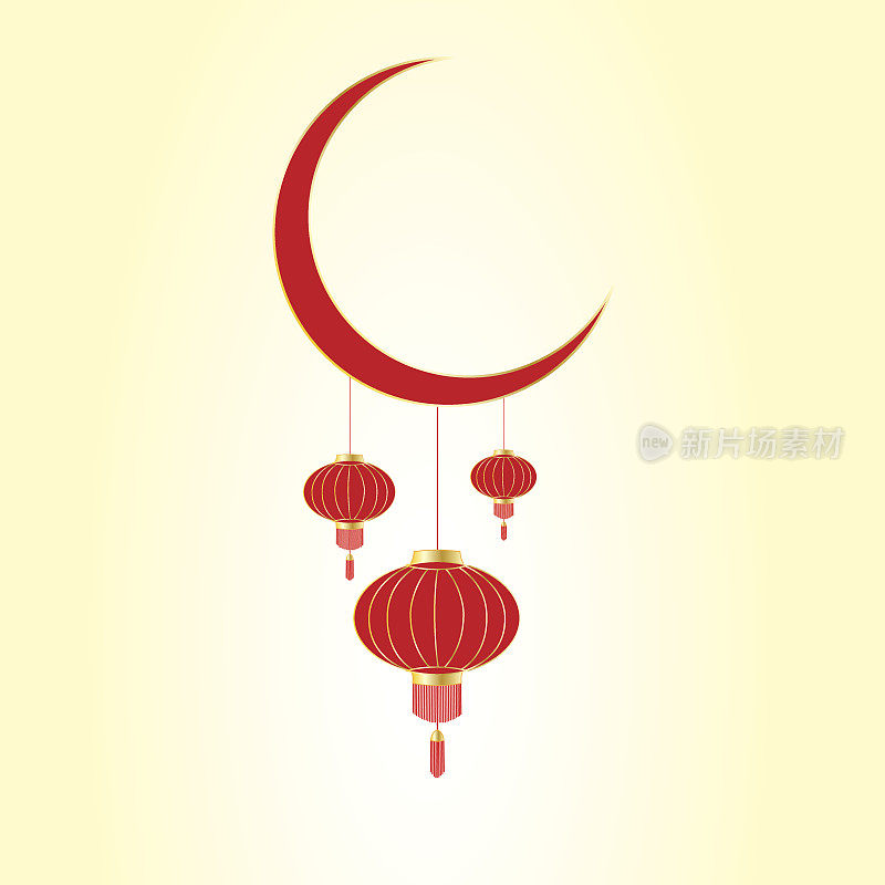亚洲农历节日。红色的中国灯笼挂在月亮上。