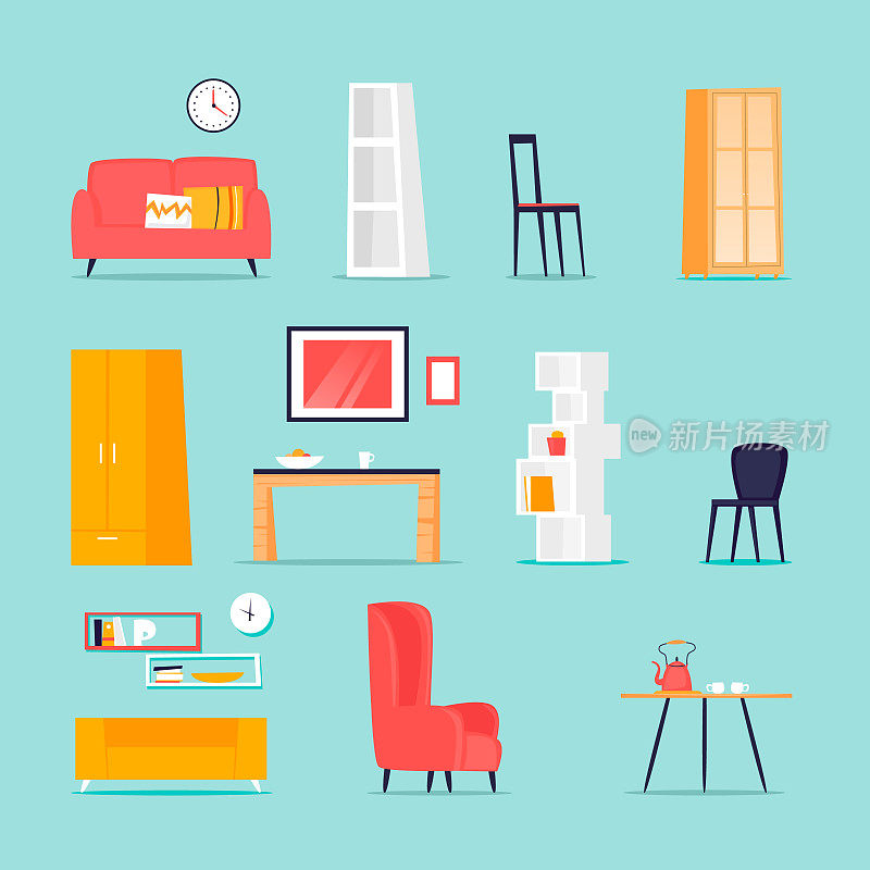 家具在室内设置。平面矢量插图在卡通风格。