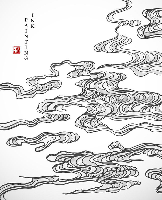 水彩水墨艺术矢量纹理插画东方螺旋曲线云背景。中文的意思是:祝福