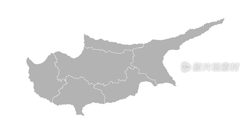塞浦路斯简化行政地图矢量孤立插图。各区(区)边界。灰色的剪影。白色的轮廓
