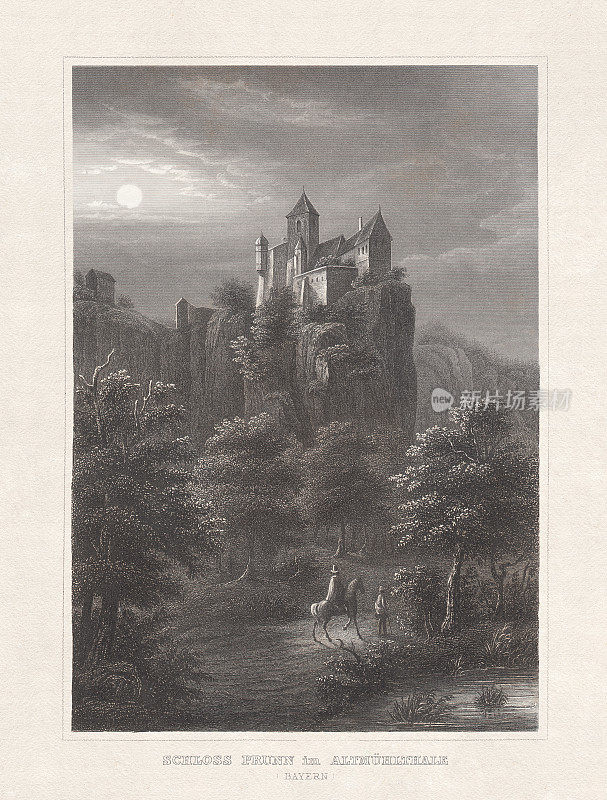 德国巴伐利亚州Riedenburg的Prunn城堡，钢版画，1860年出版