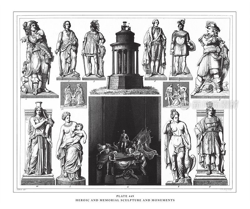 英雄和纪念雕塑和纪念碑雕刻古董插图，出版于1851年