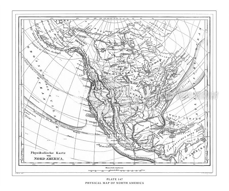 北美雕刻古董插画实物地图，1851年出版