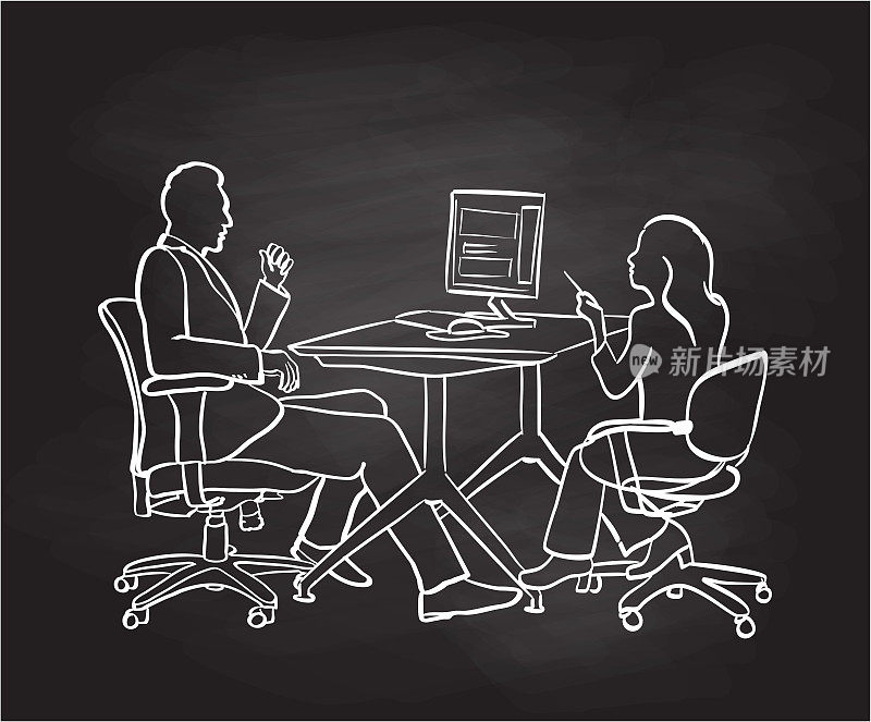 商业男人和女人在办公室办公桌黑板