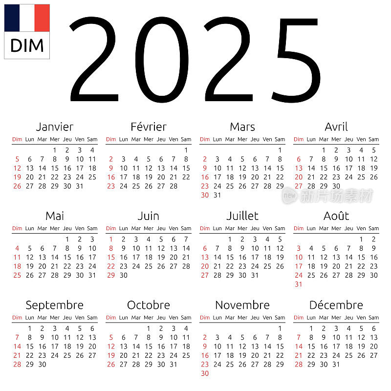 日历2025年，法国，星期天