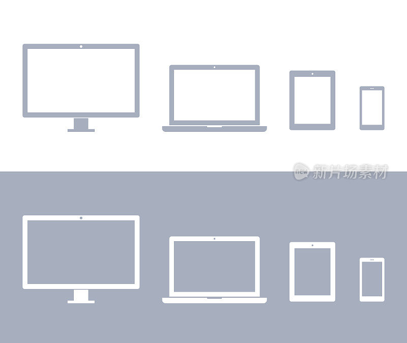 技术设备;采购产品电脑显示器，电视，笔记本电脑，平板电脑，智能手机图标设置在灰色和白色