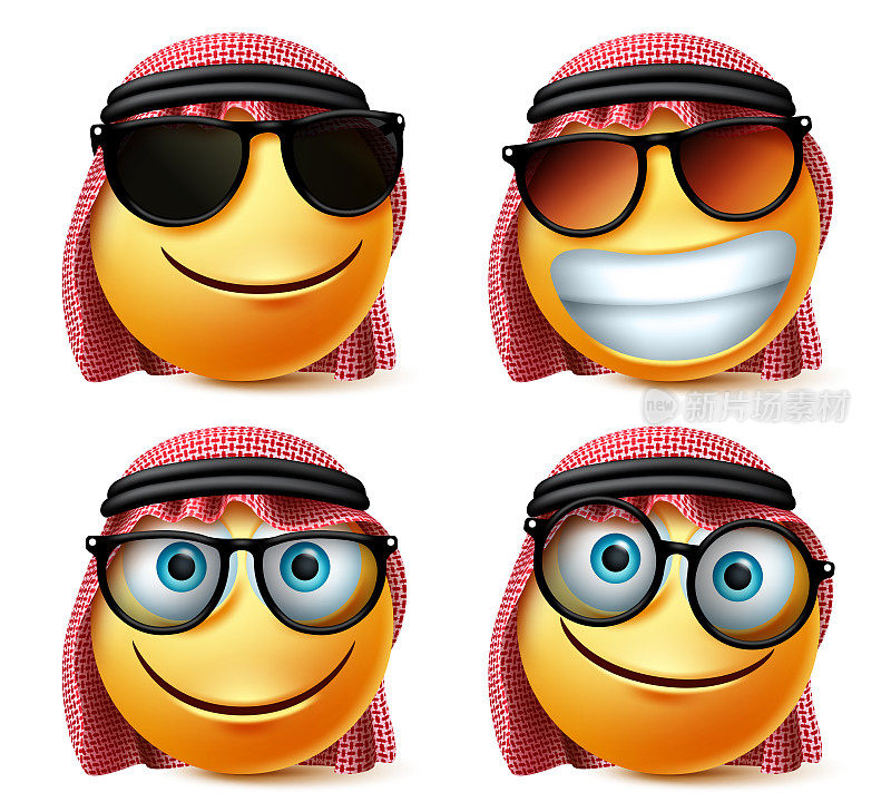 沙特阿拉伯向量表情眼镜表情集。沙特阿拉伯表情脸戴墨镜和眼镜。