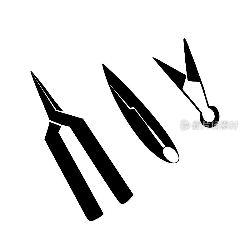 剪影的剪刀，修枝和剪刀。黑色轮廓与背景分开。缝纫和园艺设备。矢量对象