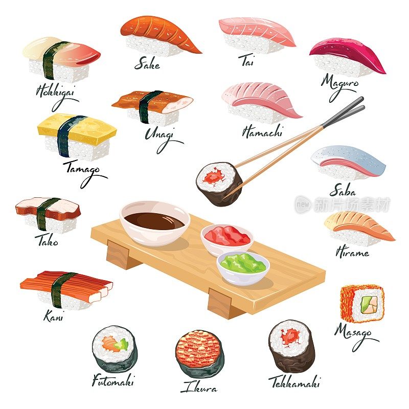 大矢量集日本寿司，生鱼片，牧豆，纪实，围绕木取塔盘
