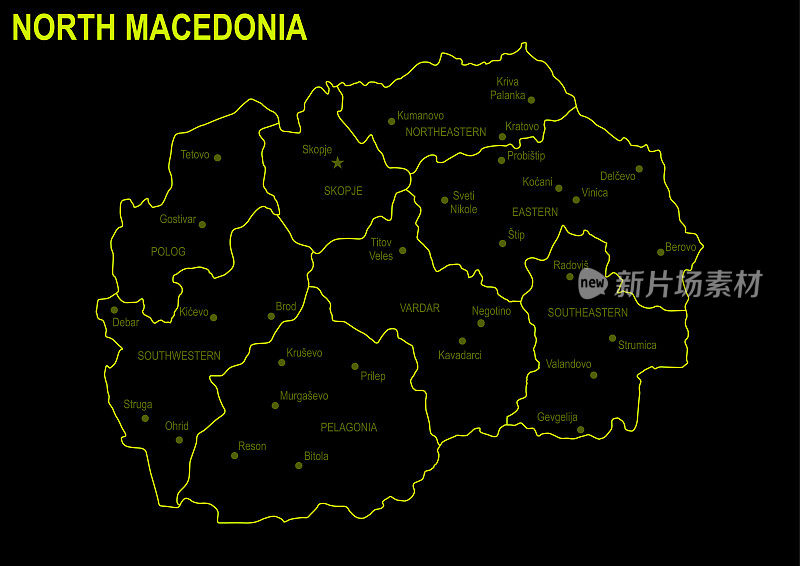 黑色背景下的北马其顿霓虹灯地图