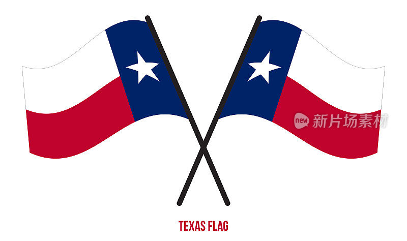 在孤立的白色背景上，两面交叉飘扬的德州国旗。