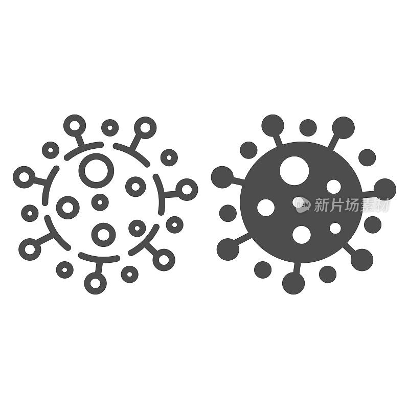 冠状病毒细胞系和实体图标、Covid-19流行概念、白色背景上的新型冠状病毒细菌标志、用于移动概念和网页设计的轮廓式病毒图标。矢量图形。