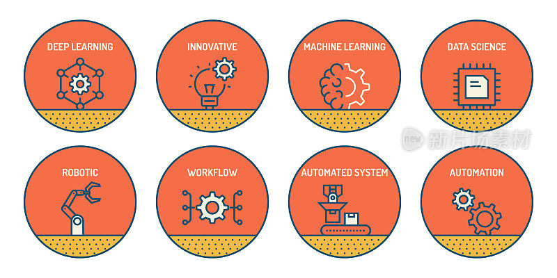 一组机器学习和技术相关的线图标。简单的轮廓图标。