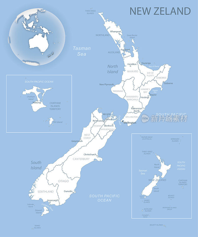 蓝灰色详细地图的新西兰和行政区划和位置在全球。