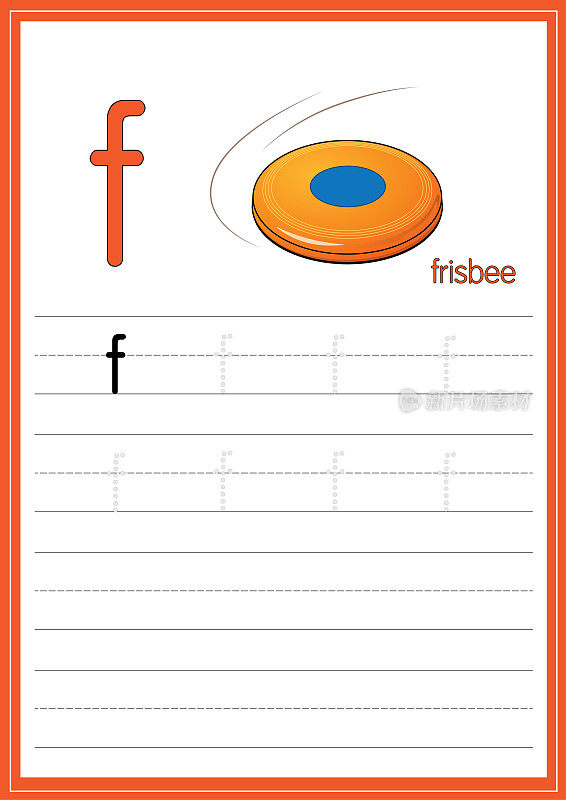 矢量插图飞盘孤立在一个白色的背景。用小写字母f作为教与学的媒介，供儿童识别英文字母或供儿童学习写字母用于在家里和学校学习。