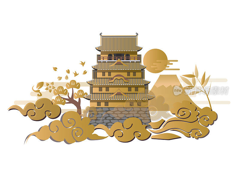 日本风格的背景插图的城堡和云