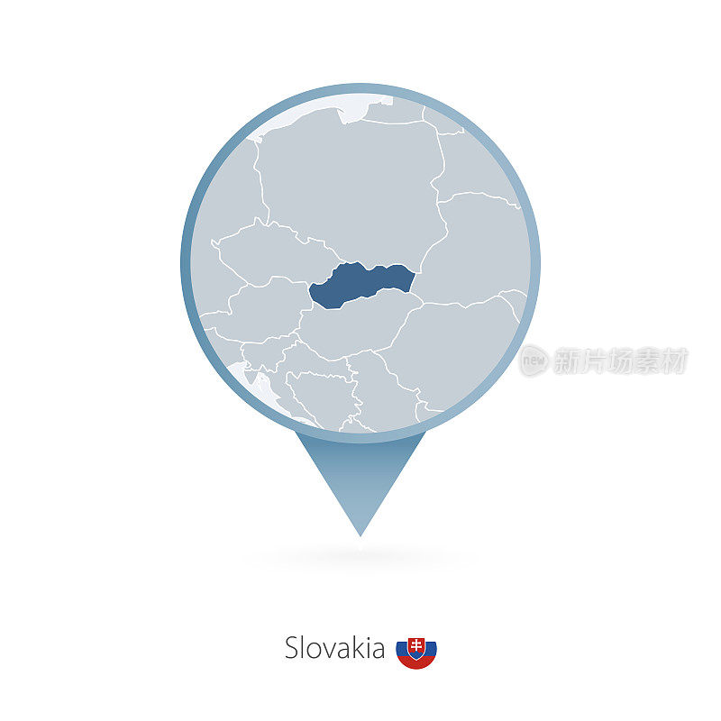 带有斯洛伐克及周边国家详细地图的图钉。